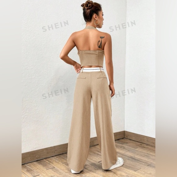 Button Front Halter Top & Wide Leg Pants Matching Set - Picture 2 of 4